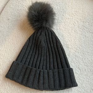 Gray Beanie with Faux Fur Pom Pom